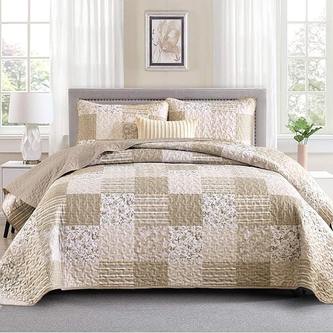 Mybedsoul Beige Boho Quilt Set Queen Size, 3 Pieces Plaid Floral Bedspread Set by Mybedsoul