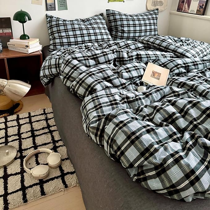 mixinni Vintage Grey & Pale Blue Buffalo Plaid Duvet Cover Set Twin XL Size - Image 9