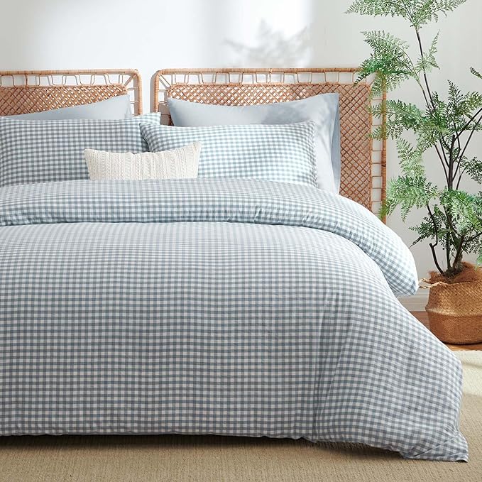 Nayoroom Gingham Duvet Cover King Size 100% Washed Cotton Blue Plaid Checkered - Image 8