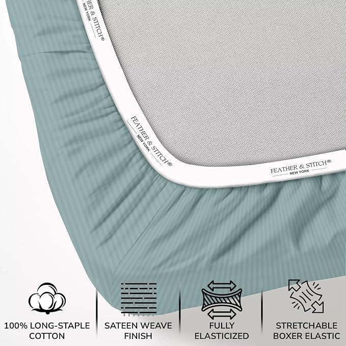 Feather & Stitch 1 Piece Fitted Sheet Full Size, 100% Cotton Damask Sateen Weave - Image 2