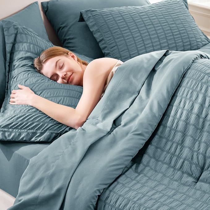 CozyLux King Size Comforter Set Mineral Blue Seersucker 7 Pieces Bed in a Bag - Image 5