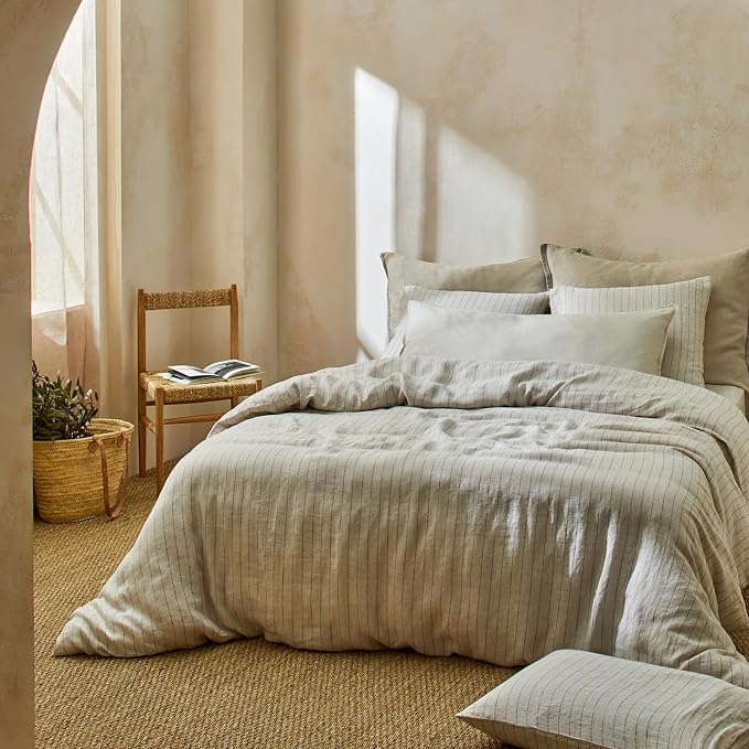 mixinni 3 Piece Striped Duvet Cover Set, Neutral Washed Cotton Linen Blend - Image 4