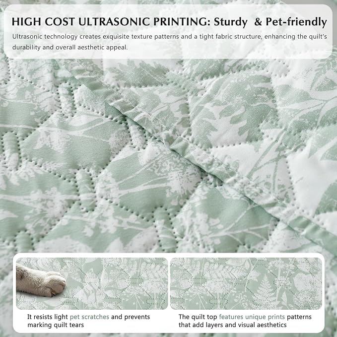 GOONE XL King Quilt Set 106"x96", Sage Green Leaf Botanical Boho Bedspread - Image 7