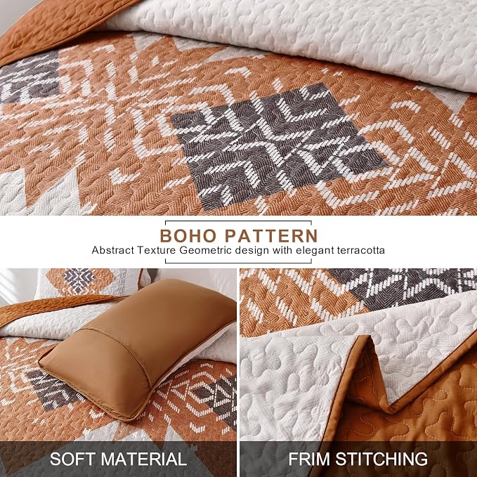 Dintszyayue Burnt Orange Quilt Set Boho California King Size, 3 Piece Aztec - Image 3
