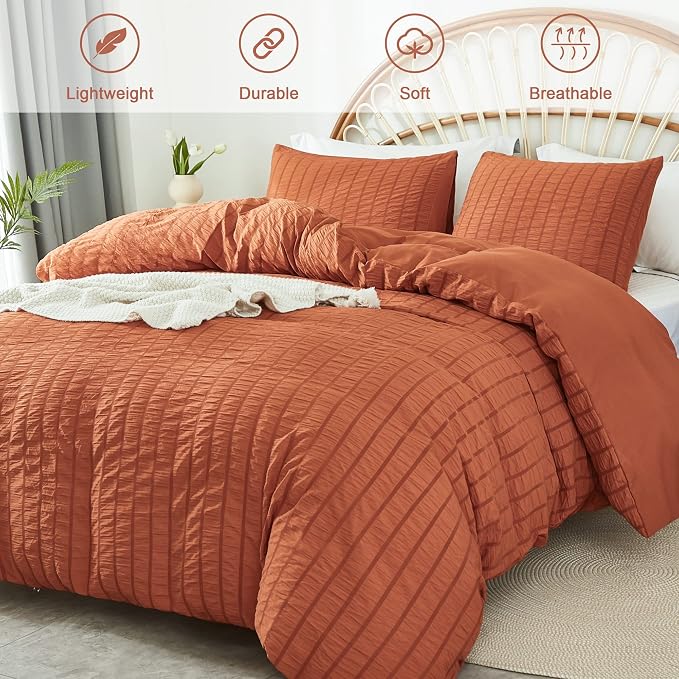 AveLom Terracotta Seersucker Duvet Cover Set Full Size, 3 Pieces, Ultra Soft - Image 2