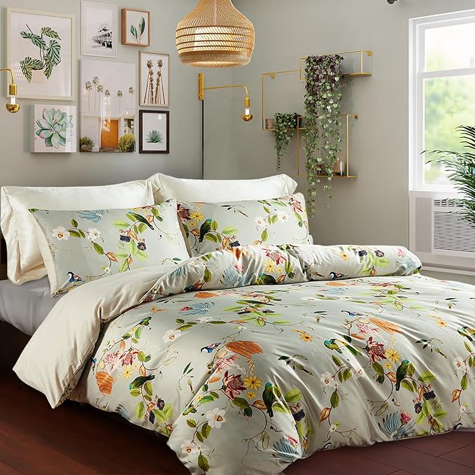 mixinni Garden Style Floral Birds 3 Pieces Duvet Cover King Size Green Leaves - Image 2