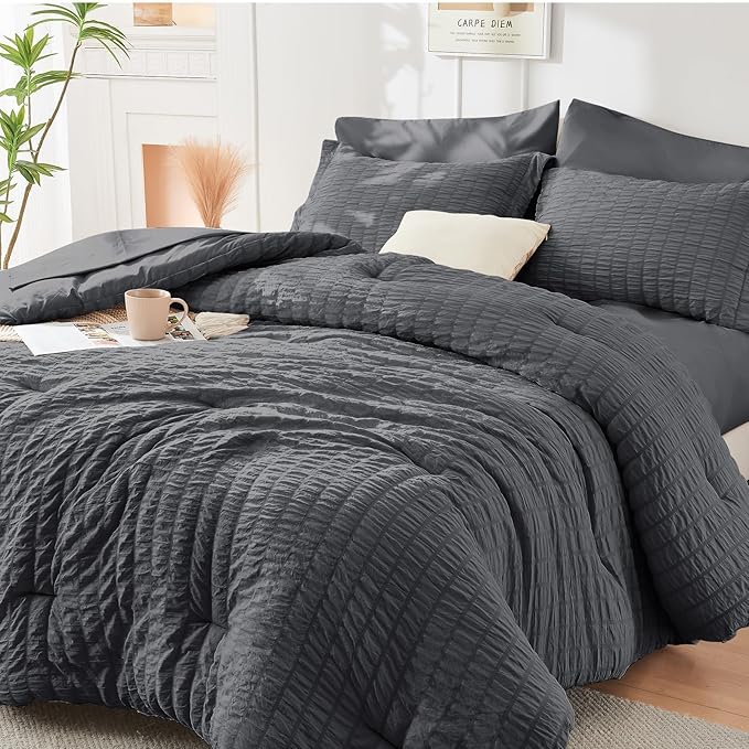 HYMOKEGE 7 Piece King Size Comforter Set Seersucker, All Season Luxury Bed in a by HYMOKEGE