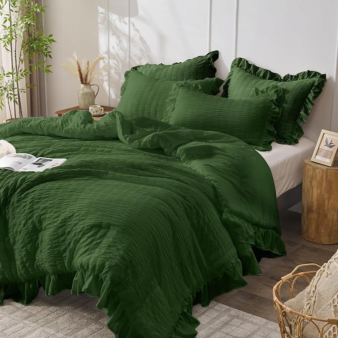 JOLLYVOGUE Dark Green King Comforter Set, 3 Pieces Seersucker Comforters King - Image 2