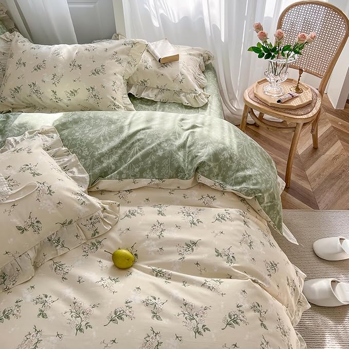 mixinni Reversible Green Floral Duvet Cover Set Twin XL Size by mixinni