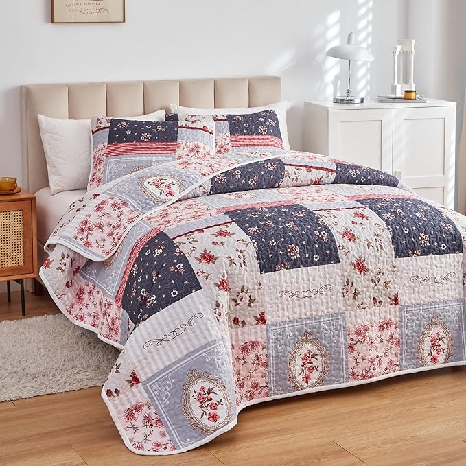 Patchwork Quilt Set King Size, 3 Pieces Pink Purple Floral Plaid Summer - Image 2