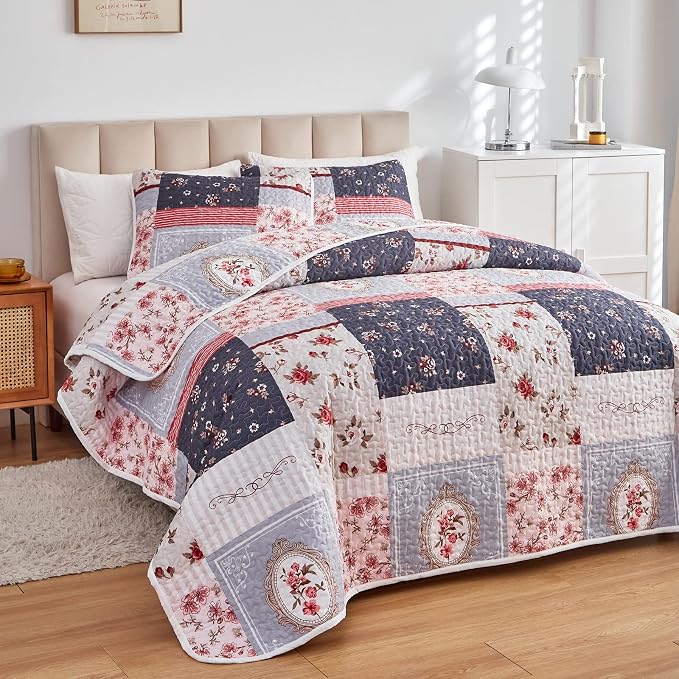 Patchwork Quilt Set Full/Queen Size, 3 Pieces Pink Purple Floral Plaid Summer - Image 2