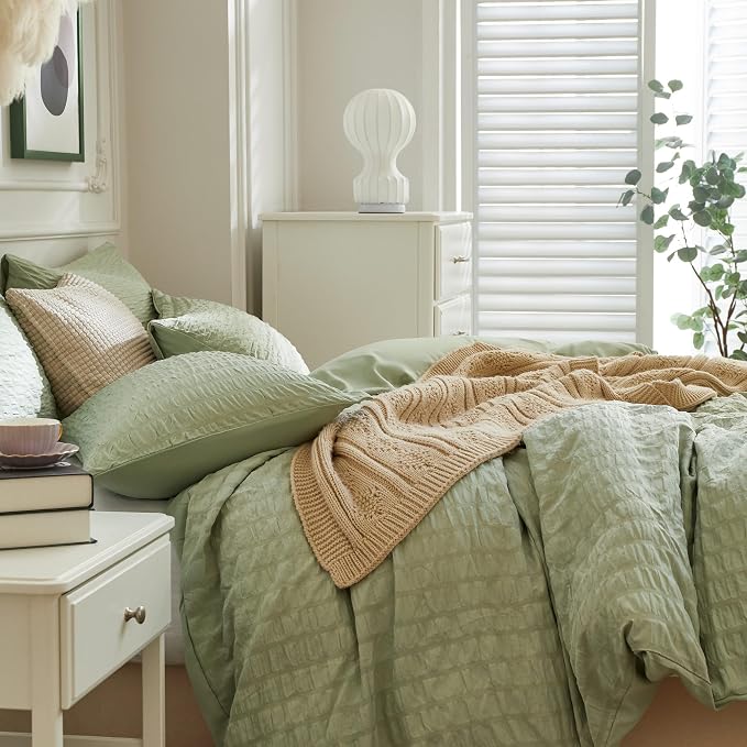 JELLYMONI Light Green Duvet Cover Queen Size, Soft Breathable Seersucker Duvet - Image 7