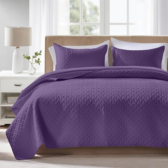 FLYMME Twin Quilt Set, Lightweight Purple Bedspreads, Basket Weave Pattern by FLYMME