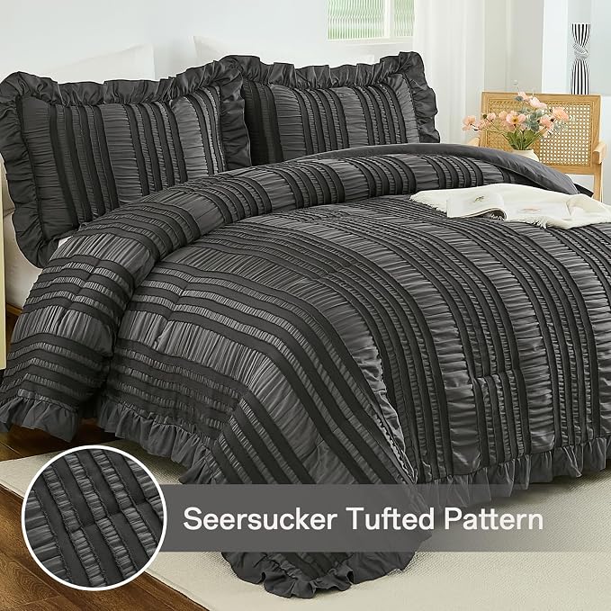 WONGS BEDDING King Size Comforter, Dark Grey Boho Comforter Set King, Shabby - Image 2