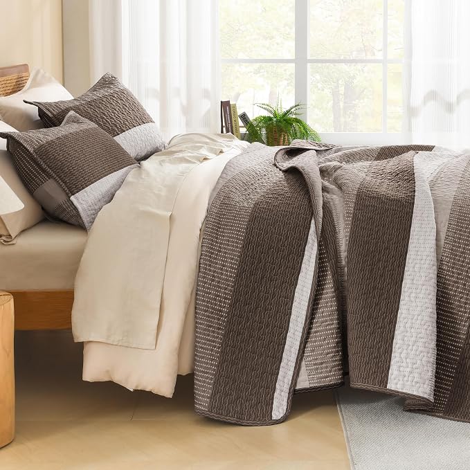 Litanika Oversized King Quilt Set Brown, 128x120 Stripe Bedspread Coverlet 3 - Image 2