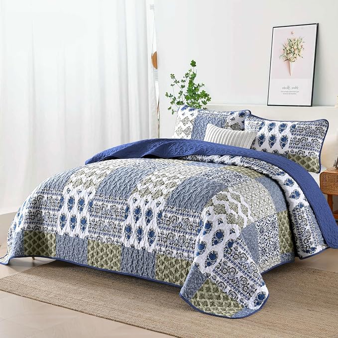 Mybedsoul Blue Quilt Set Queen Size 3 Pieces Boho Plaid Aqua Blue Floral - Image 2