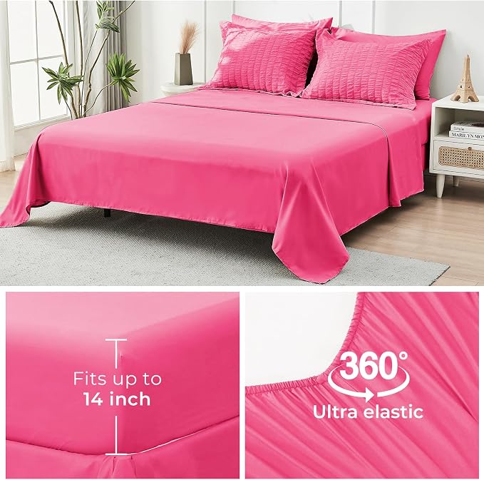 HYMOKEGE Hot Pink Queen Comforter Set Seersucker 7 Pieces, All Season Luxury - Image 7