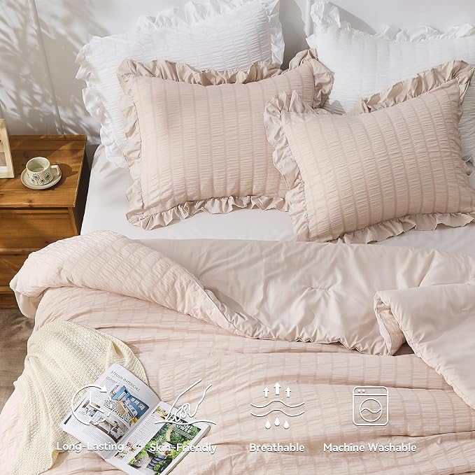 JOLLYVOGUE Beige Twin Size Comforter Set, 2 Pieces Seersucker Lightweight - Image 2