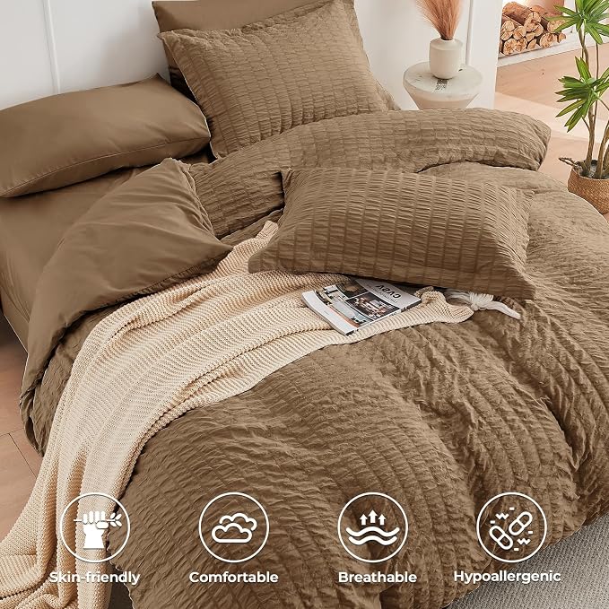 HYMOKEGE Brown Queen Comforter Set Seersucker 7 Pieces, All Season Luxury Bed - Image 3