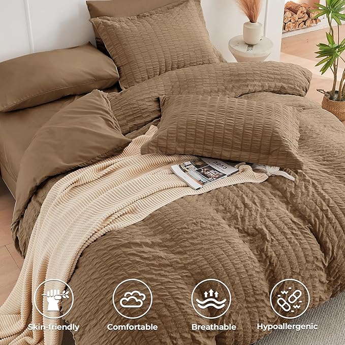 HYMOKEGE Brown Twin Comforter Set Seersucker 5 Pieces, All Season Luxury Bed in - Image 3