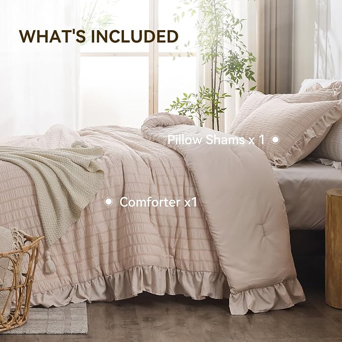 JOLLYVOGUE Beige Twin Size Comforter Set, 2 Pieces Seersucker Lightweight - Image 5