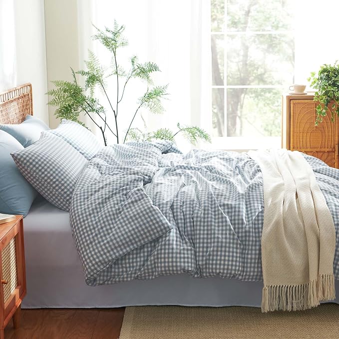 Nayoroom Gingham Duvet Cover King Size 100% Washed Cotton Blue Plaid Checkered - Image 4