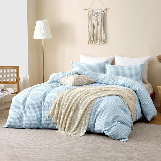 TOCOMOA Light Blue Gingham Duvet Cover Bedding Set 100% Washed Cotton Like - Image 2