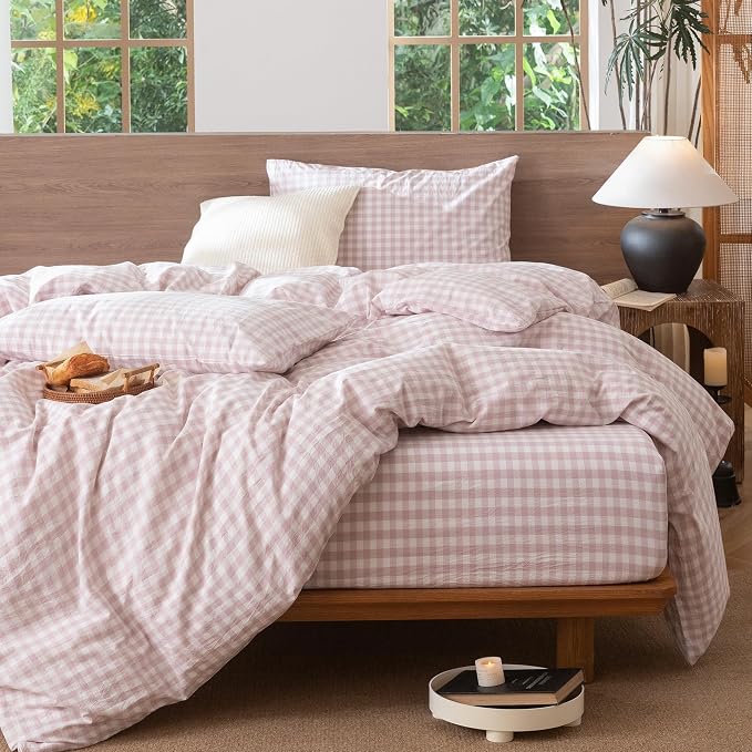 MooMee Gingham Duvet Cover Set 100% Washed Cotton Linen Like Textured - Image 6