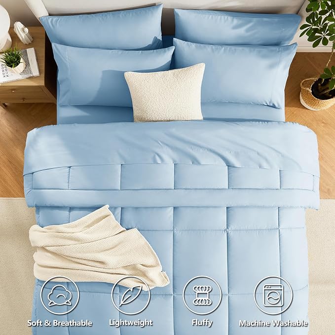 CozyLux Queen Comforter Set Baby Blue, 7 Pieces Bed in a Bag, All Season - Image 2