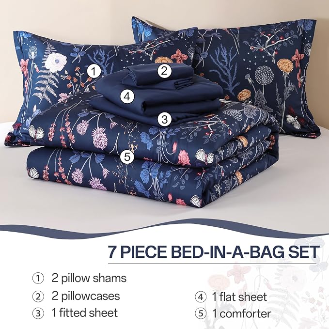 Yiran King Size Comforter Set, 7 Pieces Navy Blue Floral Soft Bedding Sets - Image 8
