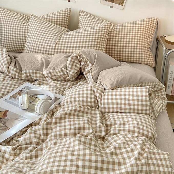 Nayoroom Gingham Duvet Cover King Size Brown Tan Plaid Checkered Comforter - Image 4