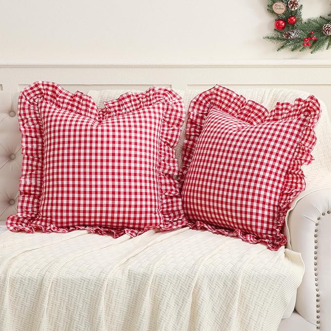 2 Pack Red/White Plaid Ruffled Throw Pillow Sham 20 x20 inches, Washed Cotton by Qilunn
