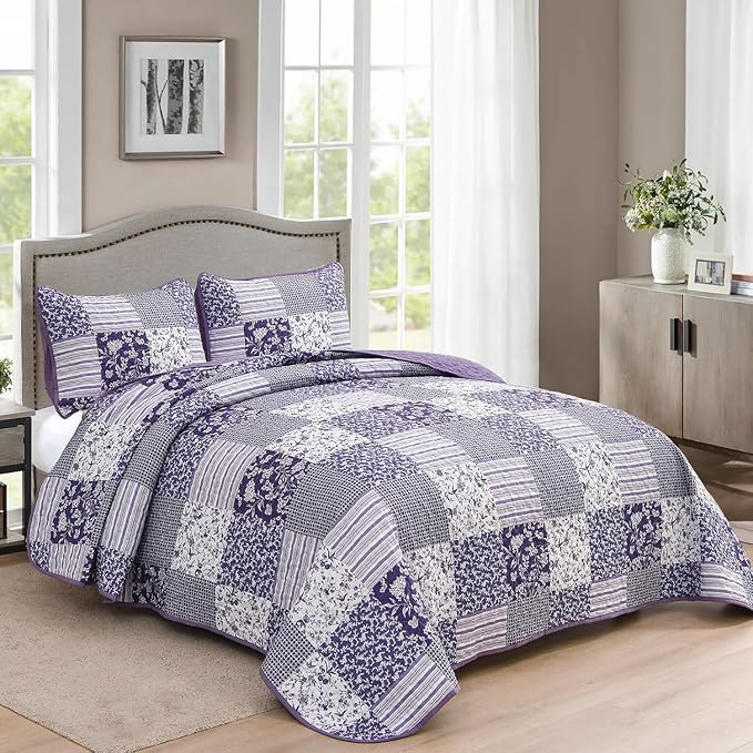 Mybedsoul Purple Quilt Set Twin Size, 2 Pieces Plaid Floral Bedspread Set - Image 2