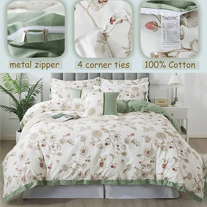 FADFAY Floral Bedding Set King/Cal King 100% Cotton Shabby and Chic Beige Green - Image 3