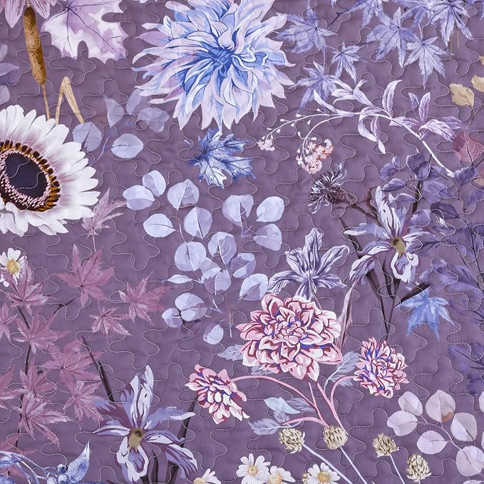 Yiran Purple Quilt Set Queen Size, Floral Bedspreads Bedding Set, 3 Pieces - Image 4