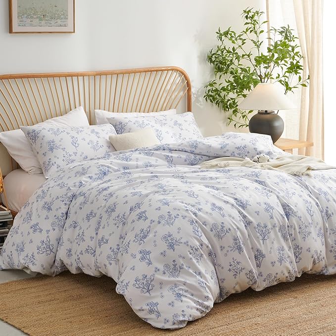 Nayoroom Blue Floral Duvet Cover Full Size Cottagecore Flower Leaf Spring - Image 2