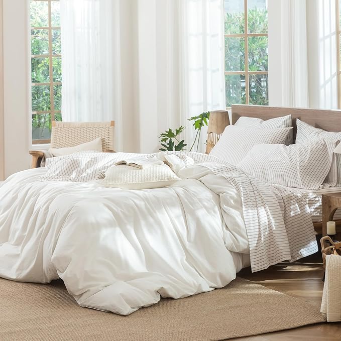 MooMee Stripes Fitted Bottom Sheet Only 100% Washed Cotton Linen Like Textured - Image 7