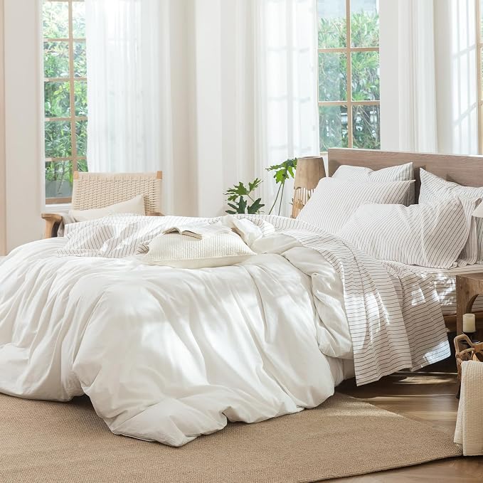 MooMee Stripes Fitted Bottom Sheet Only 100% Washed Cotton Linen Like Textured - Image 7