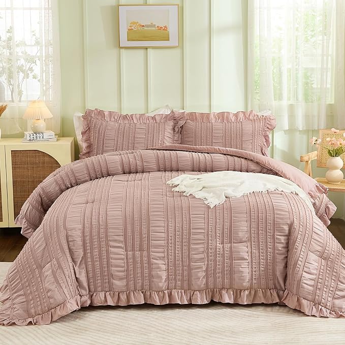 WONGS BEDDING Pink Comforter Set King, 3 Pieces Ruffle Farmhouse Shabby Chic - Image 4
