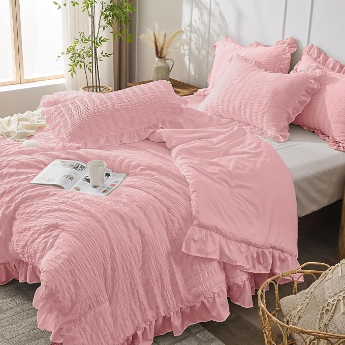 JOLLYVOGUE Pink Twin Size Comforter Set, 2 Pieces Seersucker Lightweight Fluffy - Image 7