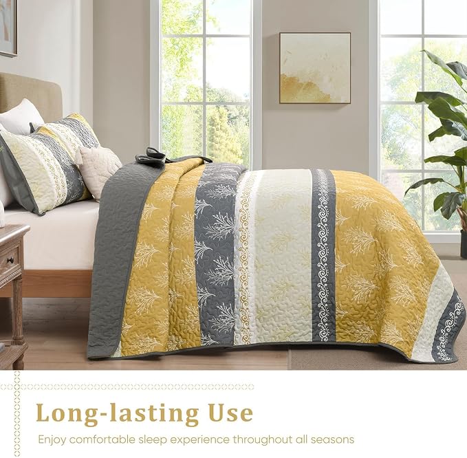 DJY Yellow Boho Quilt Set King Size, Striped Floral Yellow and Grey Bedspread - Image 4