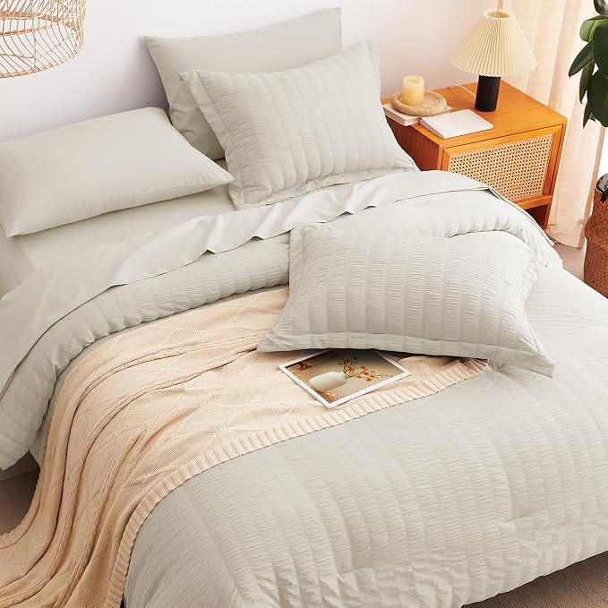 CozyLux Queen Comforter Set Oatmeal Seersucker 7 Pieces Bed in a Bag Queen - Image 6