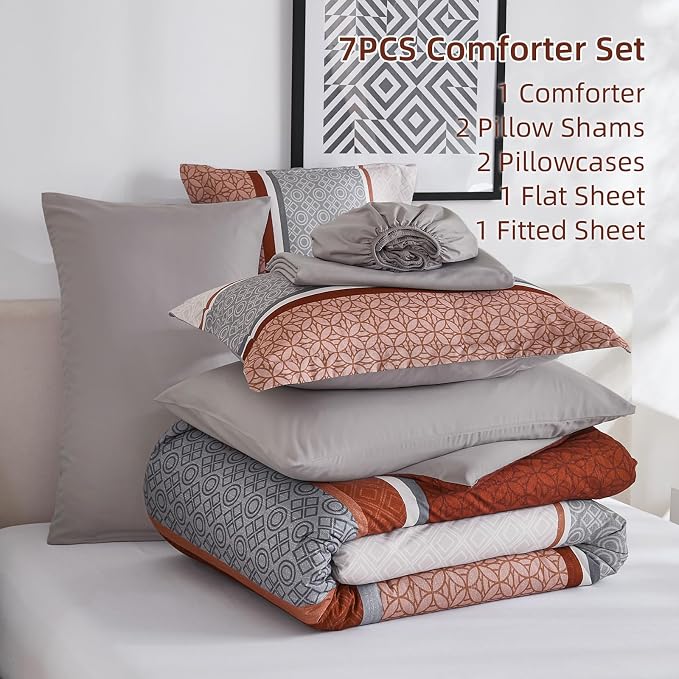 WONGS BEDDING 7 Pieces Comforter Set King Size, Burnt Orange Bed in a Bag - Image 6