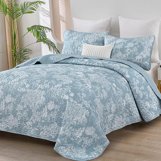WONGS BEDDING Botanical Quilt Set Queen Size, Aqua 3 Pieces Toile Floral Plants by WONGSBEDDING