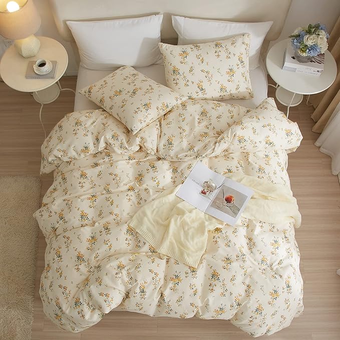 mixinni Aesthetic Floral Duvet Cover Set Twin Size, Farmhouse Boho Yellow - Image 4