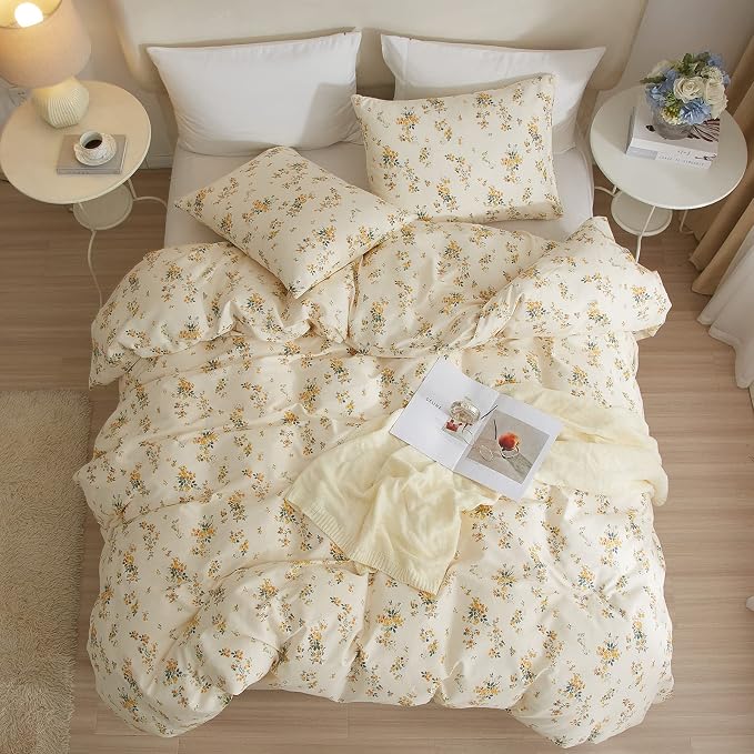 mixinni Aesthetic Floral Duvet Cover Set King Size, Farmhouse Boho Yellow - Image 4
