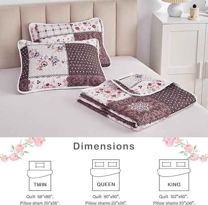 Patchwork Quilt Set Full/Queen Size, 3 Pieces Brown Floral Plaid Summer - Image 7