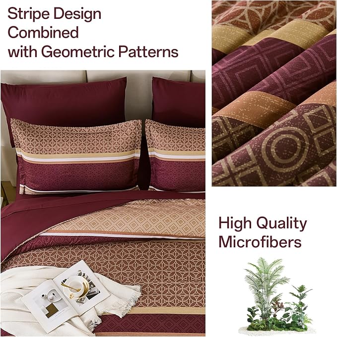 WONGS BEDDING Burgundy Comforter Set King Size, 7 Pieces Maroon Striped Bed in - Image 8