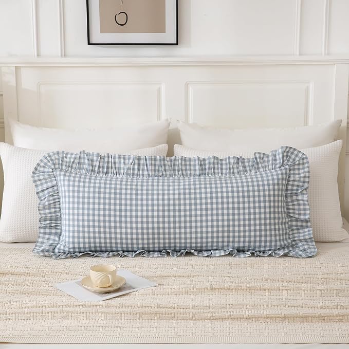 Light Blue/White Ruffled Long Lumbar Gingham Pillow Sham 14x36 inches 1 Piece - Image 2