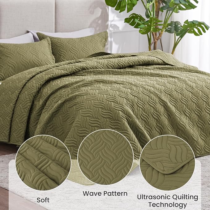 Love's cabin California King Size Quilt Bedding Set Olive Green Bedspread - Image 3